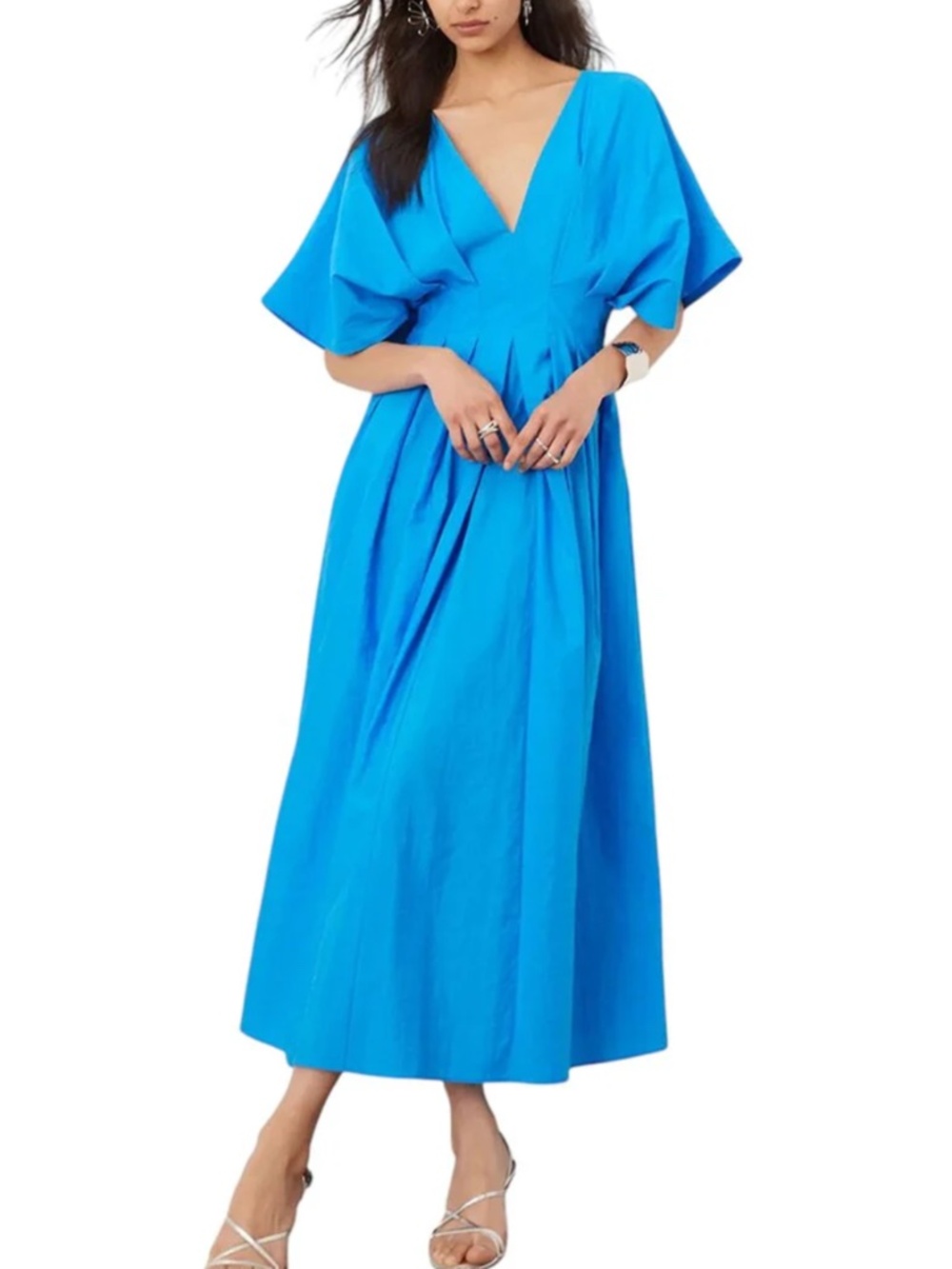 Charlotte Green Bright Blue V-Neck Midi Dress with Dolman Sleeves